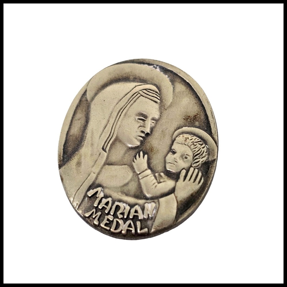 Vintage Pin Brooch Catholic Religious Awards for Scouts Marian Medal Silver Tone